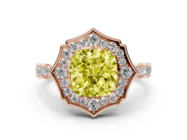 Fancy Yellow Cushion Cut Halo Diamond Engagement Ring with Milgrain Band and Four-Prong Setting Rose gold