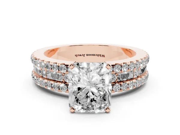 Radiant Cut Diamond Solitaire Ring with Pavé and Channel Set Band Rose gold