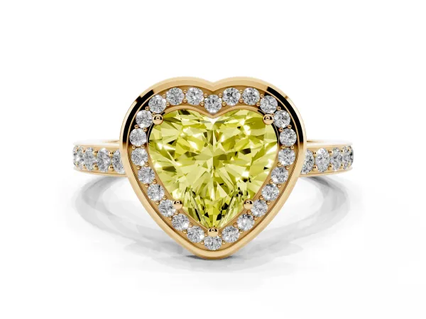 Fancy Yellow Heart Cut Diamond Halo Ring with Bezel Frame and Pavé Band Yellow gold