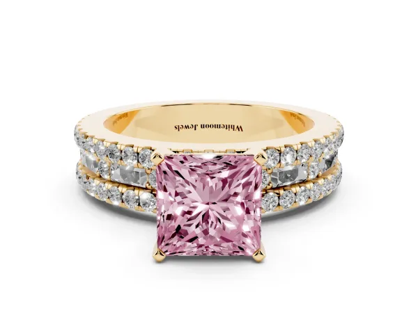 Fancy Pink Princess Cut Diamond Solitaire Ring with Pavé and Channel Set Band Yellow gold