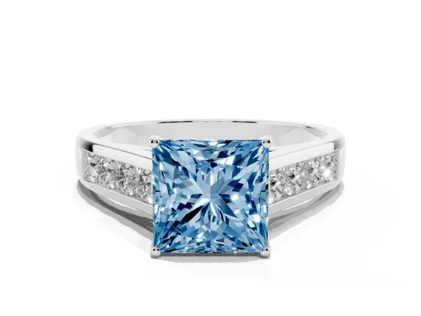 Fancy Blue Princess Cut Solitaire Channel-Set Diamond Engagement Ring with Four-Prong Setting White gold