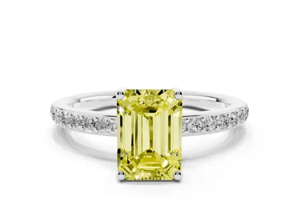 Fancy Yellow Emerald Cut Cut Diamond Pavé Band Ring with Four-Prong Setting White gold