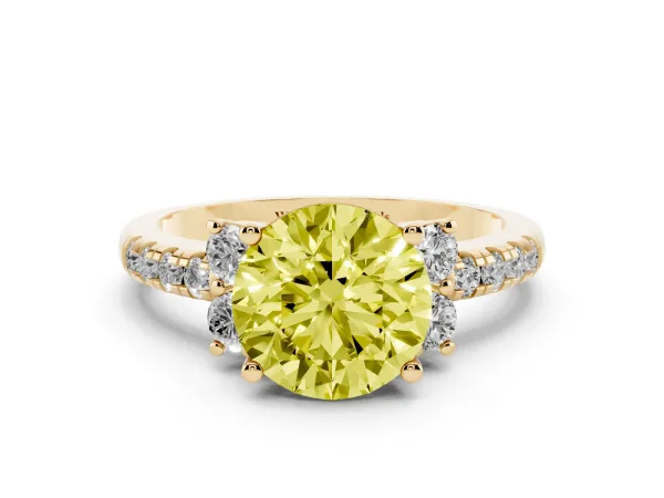 Fancy Yellow Round Cut Diamond Three-Stone Pave Band with Four-Prong Setting Yellow gold