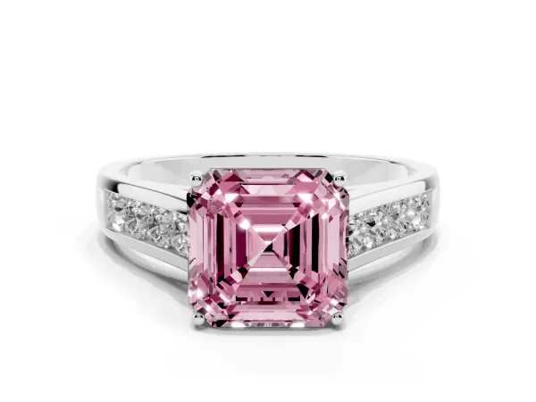 Fancy Pink Asscher Cut Brilliant Channel-Set Solitaire Ring with Four-Prong Setting White gold