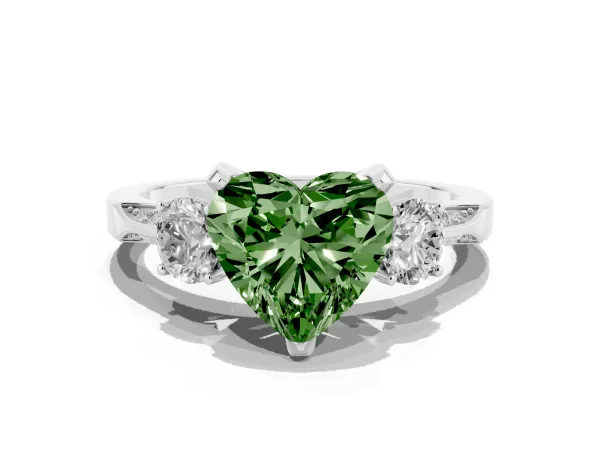 Fancy Green Heart Cut Brilliant Three-Stone Diamond Ring with Pavé Band and Four-Prong Setting Platinum