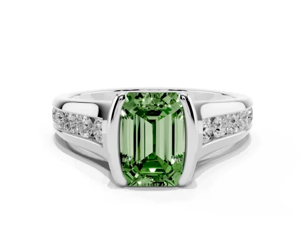 Fancy Green Emerald Cut Solitaire Bezel-Set Diamond Ring with Channel-Set Band White gold