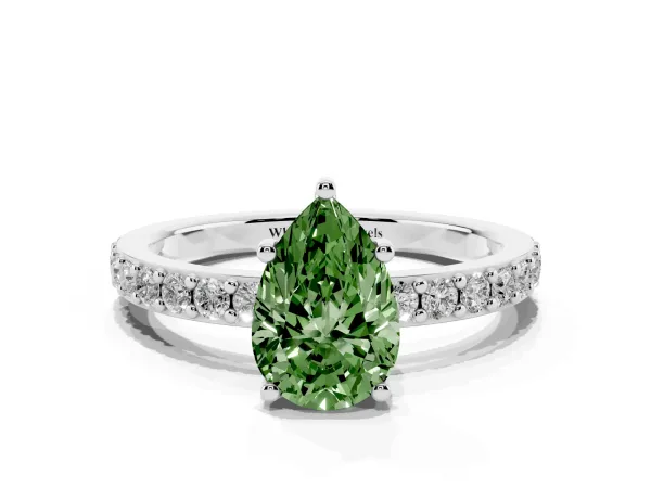 Fancy Green Pear Cut Cut Diamond Solitaire with Pave Band and Four-Prong Setting White gold