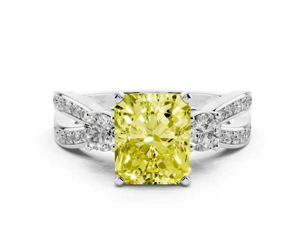 Fancy Yellow Three-Stone Radiant Cut Cut Diamond Twist Band with Prong Setting White gold