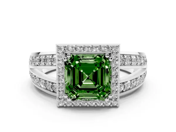 Fancy Green Asscher Cut Diamond Halo Ring with Split Shank Pavé Band and Four-Prong Setting Platinum