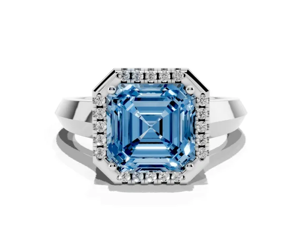 Fancy Blue Asscher Cut Halo Diamond Ring with Cathedral Band and Four-Prong Setting White gold