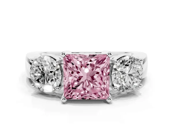 Fancy Pink Three-Stone Princess Cut Diamond Ring with Round Side Stones, Classic Band, and Four-Prong Setting Platinum