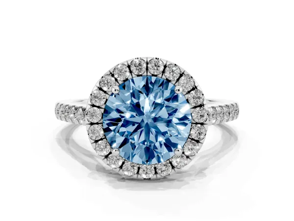 Fancy Blue Round Cut Halo Pavé Diamond Engagement Ring with Four-Prong Setting Platinum