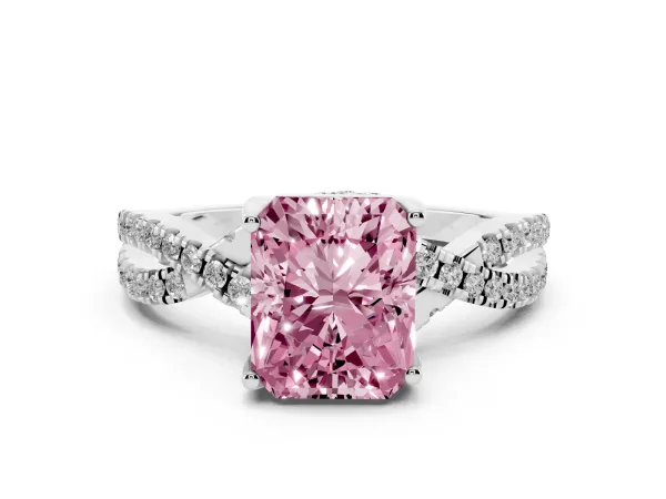 Fancy Pink Radiant Cut Solitaire Twist Pave Diamond Engagement Ring with Prong Setting White gold
