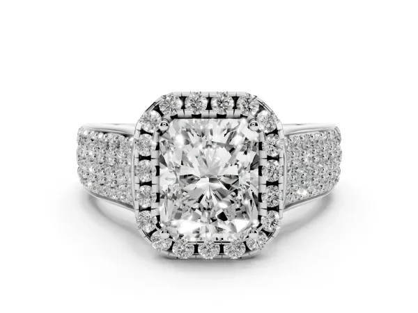Radiant Cut Halo Round Diamond Pave Band with Prong Setting White gold