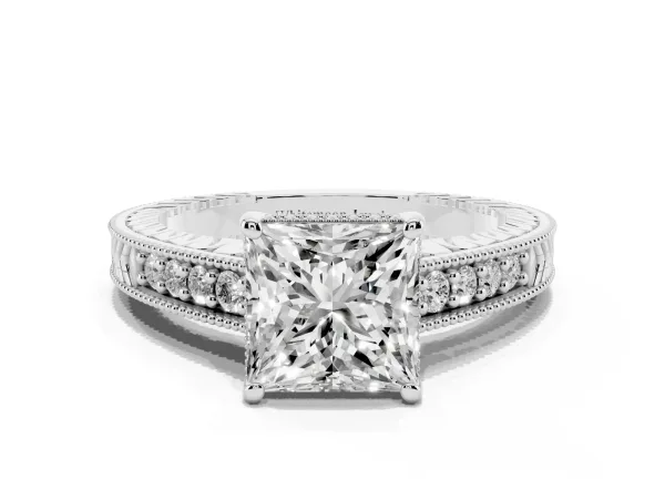Princess Cut Solitaire Pavé Diamond Milgrain Engagement Ring with Four-Prong Setting White gold