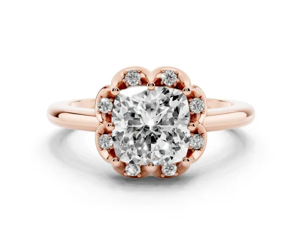 Cushion Cut Halo Diamond Ring with Round Cluster Setting, Solitaire Band, and Four-Prong Setting Rose gold