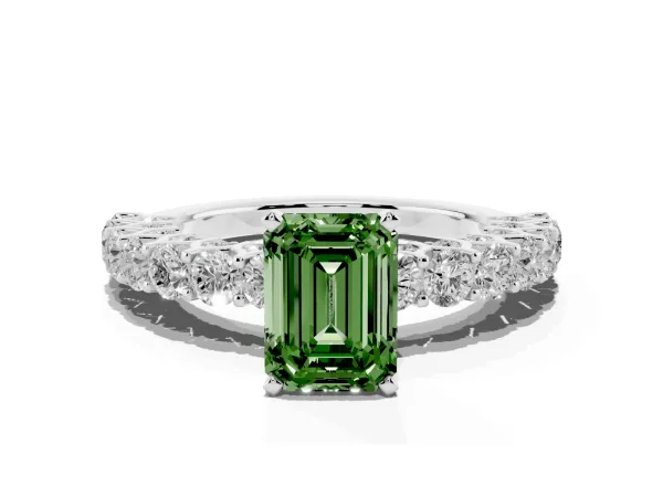 Fancy Green Emerald Cut Diamond Solitaire Ring with Shared Prong Pavé Band and Four-Prong Setting Platinum