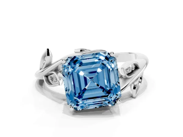 Fancy Blue Asscher Cut Solitaire Twist Engagement Ring with Leaf Accents and Prong Setting Platinum