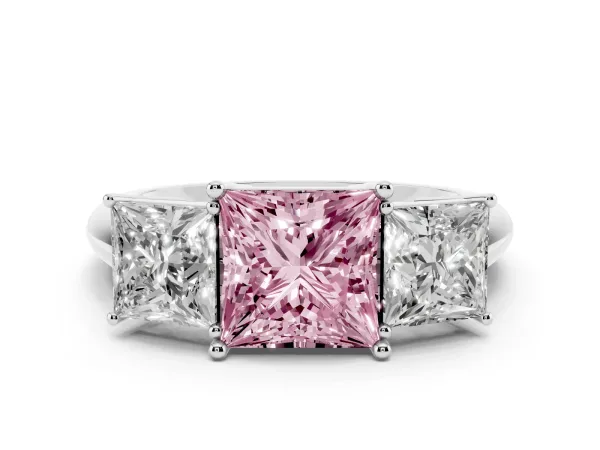 Fancy Pink Three-Stone Princess Cut Cut Diamond Engagement Ring with Prong Setting on a White Gold Band White gold
