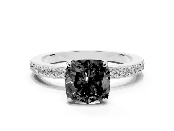 Fancy Black Cushion Cut Diamond Solitaire Engagement Ring with Pavé Band and Four-Prong Setting Platinum