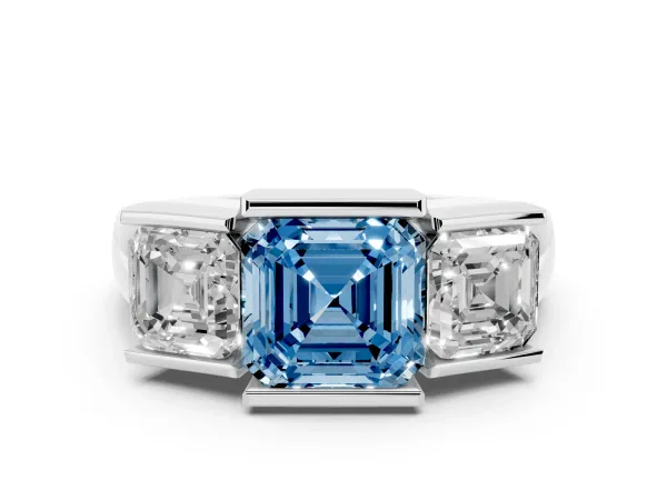 Fancy Blue Three Stone Asscher Cut Cut Channel Set Diamond Ring Platinum