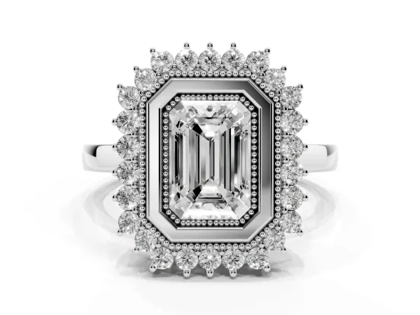 Emerald Cut Halo Diamond Ring with Milgrain Edge and Round Prong Setting White gold