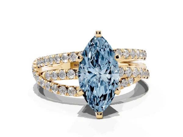Fancy Blue Marquise Cut Solitaire Twist Band with Pavé Setting and Four-Prong Setting Yellow gold