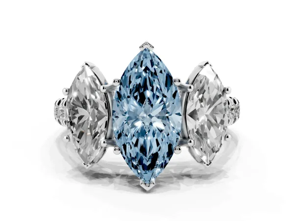 Fancy Blue Three-Stone Marquise Cut Diamond Pavé Band with Prong Setting Platinum