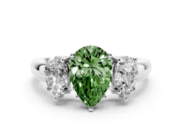 Fancy Green Three-Stone Pear Cut Diamond Engagement Ring with Prong Setting White gold