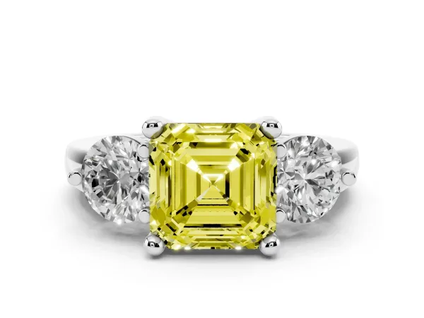Fancy Yellow Three-Stone Asscher Cut Brilliant Cut Solitaire Ring with Prong Setting on a Classic Band White gold