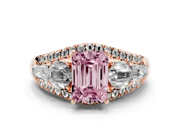 Fancy Pink Three-Stone Emerald Cut Diamond Engagement Ring with Pave Band and Prong Setting Rose gold