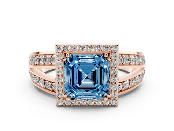 Fancy Blue Asscher Cut Diamond Halo Ring with Split Shank Pavé Band and Four-Prong Setting Rose gold