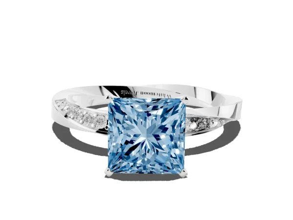 Fancy Blue Princess Cut Diamond Engagement Ring with Side Stone Accents and Four-Prong Setting Platinum