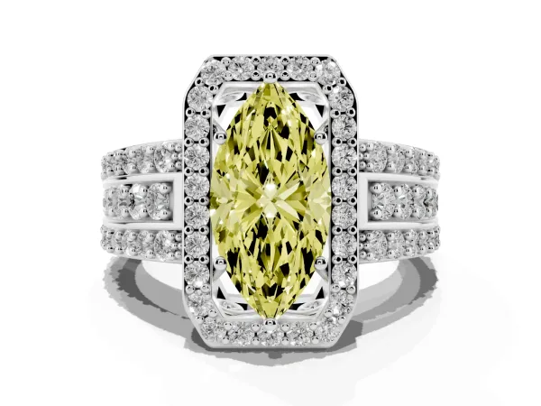 Fancy Yellow Marquise Cut Halo Diamond Ring with Round Split Shank and Prong Setting White gold