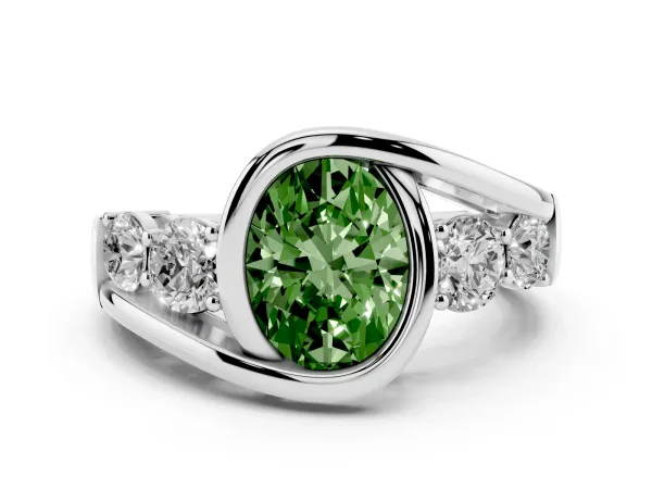 Fancy Green Bezel Set Oval Cut Diamond Bypass Ring with Round Accents Platinum