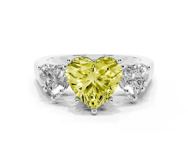 Fancy Yellow Three-Stone Heart Cut Brilliant Diamond Trellis Ring with Comfort Fit Band Platinum