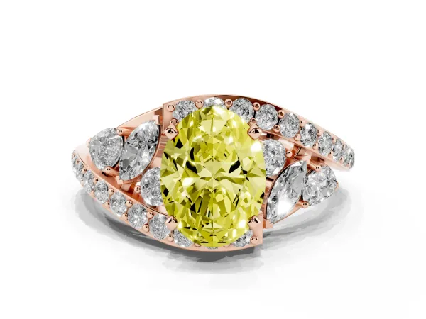 Fancy Yellow Oval Cut Diamond Halo Ring with Marquise and Pavé Band in Prong Setting Rose gold