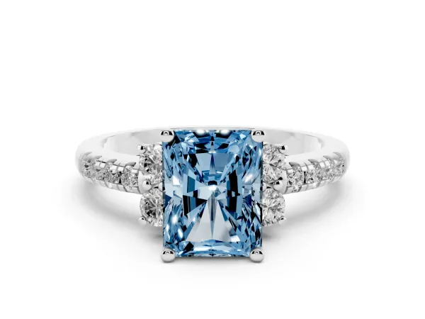 Fancy Blue Radiant Cut Diamond Three-Stone Pave Band with Four-Prong Setting Platinum
