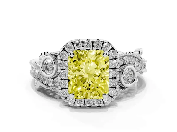 Fancy Yellow Radiant Cut Halo Diamond Ring with Milgrain and Bezel Accents on a Split Shank Band White gold