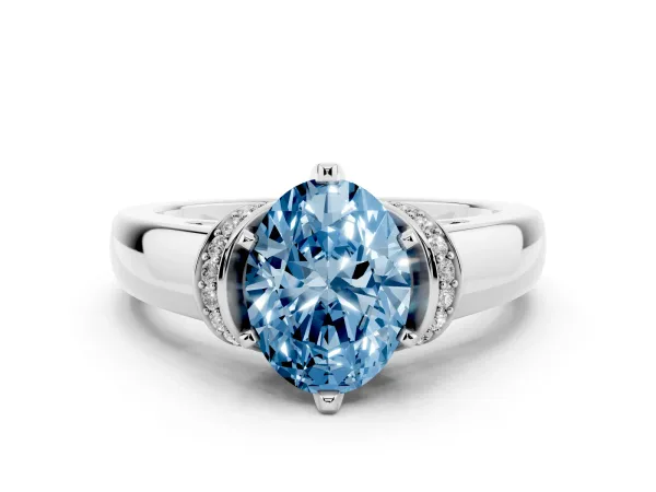 Fancy Blue Oval Cut Solitaire Diamond Ring with Pave Band and Six-Prong Setting White gold
