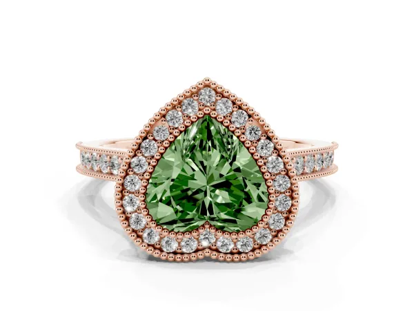 Fancy Green Halo Heart Cut-Cut Diamond Pave Band Milgrain Prong Setting Ring Rose gold