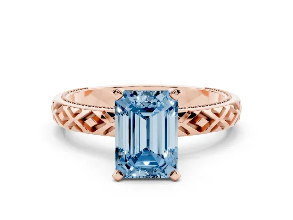 Fancy Blue Emerald Cut Solitaire Diamond Ring with Milgrain and Black Enamel X Pattern Band Rose gold