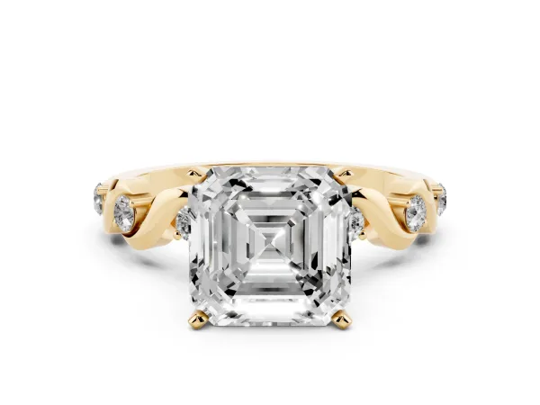 Asscher Cut Diamond Solitaire Twisted Band with Round Accents and Prong Setting Yellow gold