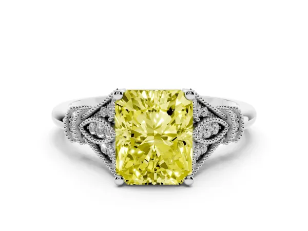 Fancy Yellow Radiant Cut Diamond Solitaire Ring with Floral Filigree and Pave Accents White gold