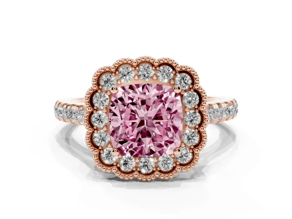 Fancy Pink Cushion Cut Cut Diamond Milgrain Floral Halo Engagement Ring with Pavé Band Rose gold