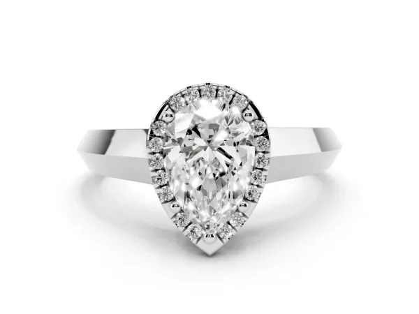 Pear Cut Halo Diamond Ring with Cathedral Band and Four-Prong Setting Platinum