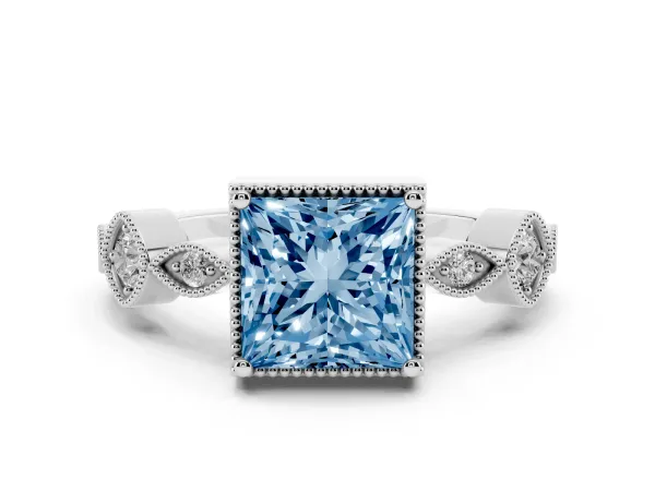 Fancy Blue Princess Cut Diamond Vintage Milgrain Ring with Round Stations Platinum
