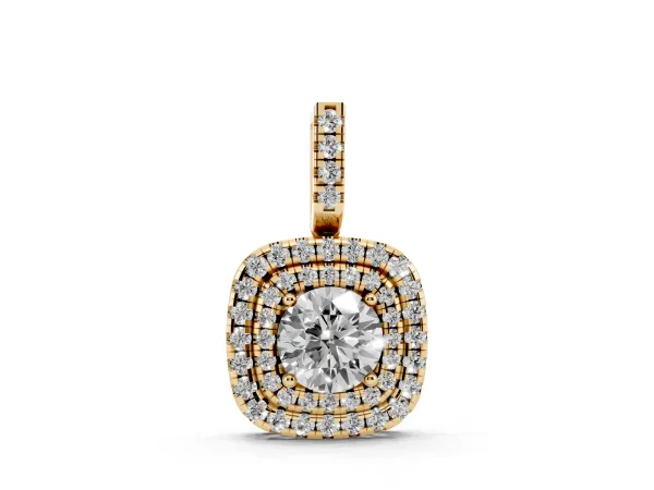 Double Halo Round Diamond Pendant with Pavé Setting and Prong Setting Yellow gold