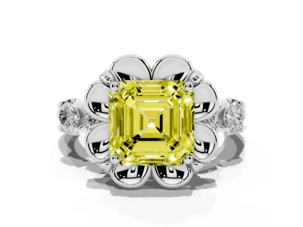 Fancy Yellow Asscher Cut Cut Diamond Floral Halo Engagement Ring with Shared Prong Setting Platinum