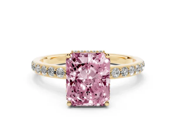 Fancy Pink Radiant Cut Diamond Solitaire Ring with Pavé Band and Hidden Halo Yellow gold
